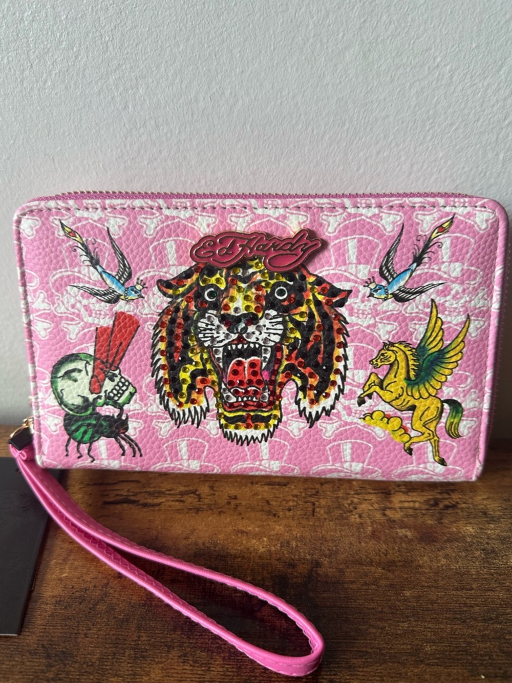 Ed Hardy Pink Wristlet Wallet with Tiger & Tattoo Print Dual Compartment NWT